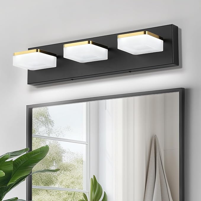 3 Light Bathroom Vanity Light - Modern Dimmable Black and Gold Bath Light Fixtures for Bathroom, 3 Lights Over Mirror, LED Wall Sconces, Daylight 5500K, Great for Makeup and Grooming