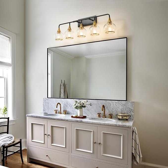 Black and Gold Bathroom Vanity Light 5-Lights Bathroom Light Fixtures Over Mirror with Clear Glass Shade 39.2 inch Wall Sconce Lighting Bath(Exclude E26 Bulb)