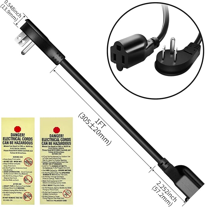 Miady Flat Plug Extension Cord 1 Ft, 90 Degree Plug Adapter, 3 Prong Grounded Wire Short Flat Wall Power Cable Black ETL Listed (4-Pack, 13 Amp, 125 Volts, 1625 Watts)