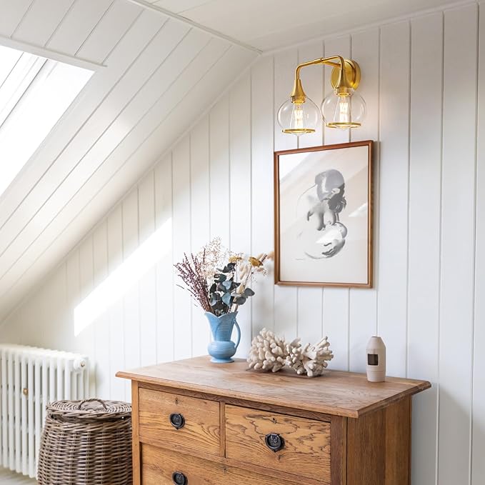 Gold Bathroom Light Fixtures 2-Lights Vanity Lights with Clear Glass Shade Bathroom Vanity Light 14 Inch Wall Sconces(Exclude E26 Bulb)…