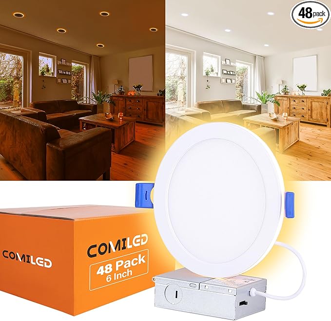 48 Pack 6 Inch Led Recessed Lights with Night Light, Canless Ultra Thin Wafer Soffit Recessed Lighting Downlight, Dimmable & 5 Color Temperature Selectable, 12W, ETL, White