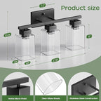 PARTPHONER 3-Light Bathroom Light Fixtures, Matte Black Modern Vanity Lights, Bathroom Lighting Fixtures Over Mirror, Square Design Farmhouse Wall Sconces with Clear Glass Shades