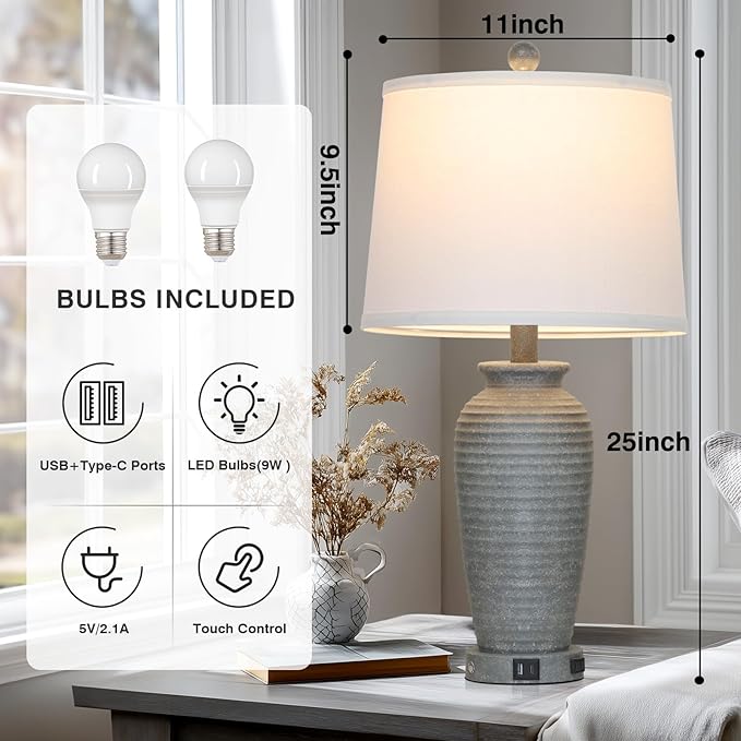25" Grey Farmhouse Jar Table Lamps, 3 Way Touch Control Rustic Bedside Lamps with USB A+C Ports & AC Outlet, Pot Nightstand Lamps for Bedroom End Table (LED Bulbs Included)