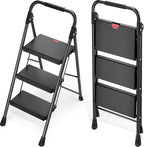 KINGRACK 3 Step Ladder, Sturdy Step Stool with Handrail, Wide Anti-Slip Pedals, 800lbs Max Load Capacity, Folding Step Stool for Home, Kitchen, Black