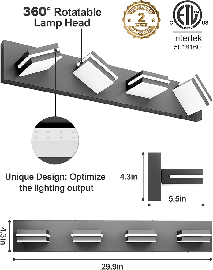VOLISUN 5CCT Bathroom Light Fixtures Over Mirror, Dimmable, 360°Rotatable Head, 30 inch, 4 Light Bathroom Vanity Light Fixtures, Black LED Vanity Lights for Bathrooms-ETL Certificated