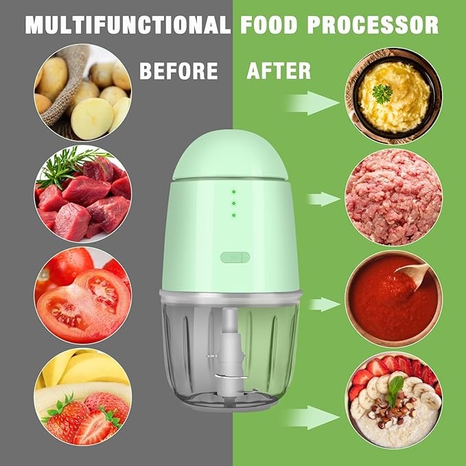 Food Processor - Cordless Mini Food Processor & Portable Small Food Chopper for Vegetables Fruit Salad Onion Garlic,Kitchen, 1.3Cup 10 0z,150 Watts,Glass Container Dishwasher Safe (Green)