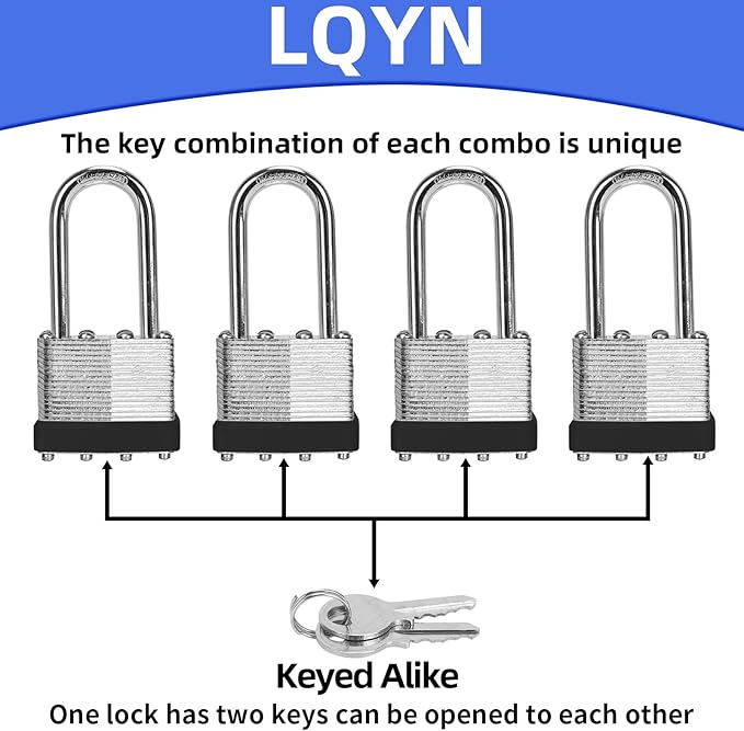 Padlocks with Same Key, LQYN 60 Pcs Laminated Keyed Padlock (1-9/16", 40mm), Keyed Alike Locks, Long Shackle, for Storage Locker, Hasp Latch, Toolbox, Sheds