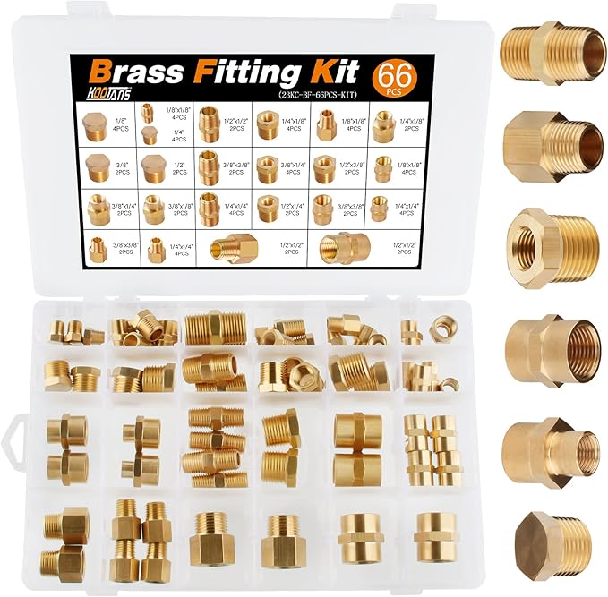KOOTANS 66pcs Brass Pipe Fittings Assortment NPT Adapter Fitting, Reducer Bushing, Hex Nipple, Reducing Hex Coupling, Pipe Head Brass Plug Kit