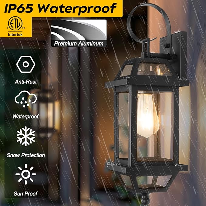 Large Outdoor Wall Lights, 18" Black Exterior Light, 2- Pack Aluminum Outdoor Wall Light Fixture with E26 Socket, Outside Porch Light Enclosed Bottom ETL Listed Exterior Lamp Wall Mount for House