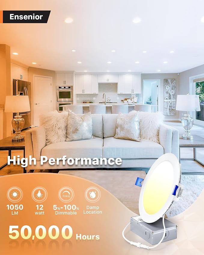 Ensenior 16 Pack 6 Inch LED Recessed Ceiling Light, Dimmable, 3500K Neutral White, 1050LM 12W 120V, High Brightness Canless Wafer Downlight - ETL&FCC&IC