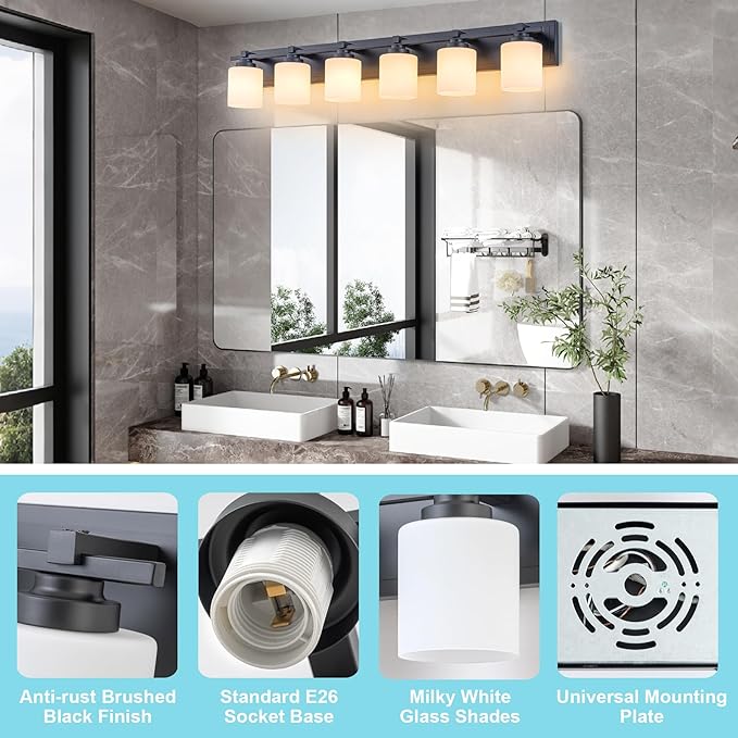 6 Light Modern Bathroom Light Fixtures Over Mirror, Black Vanity Lights for Bathroom Wall Sconces with Milky White Glass Shades, E26 Socket (Bulbs Not Included)