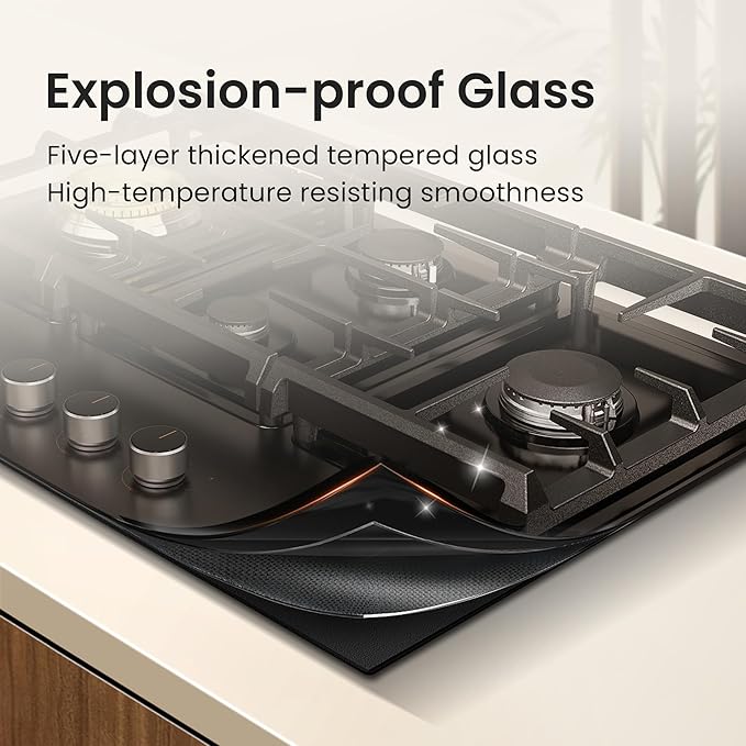 FOTILE GLG30401 30” Black Tempered Glass 4-Burner Gas Cooktop, Tri-Ring 18,000 BTUs Left Burner with Flame Failure Protection Removable Grates and Installation/LP Kit
