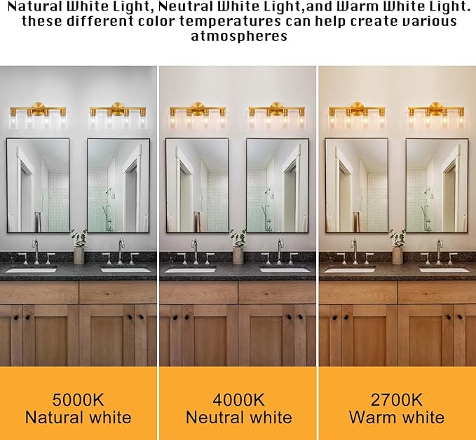 4 Light Gold Bathroom Vanity Light, Brushed Brass Bathroom Light Fixtures with Clear Glass Shade, Modern Wall Lamp Sconce Lighting for Bath Mirror Bedroom Living Room Hallway Porch