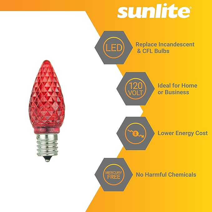 Sunlite 80707 LED C9, Holiday Decorative Light Bulb, 0.4 Watts, E17 Intermediate Base, Faceted Christmas-Lights; Nightlight, Red, 6 Count