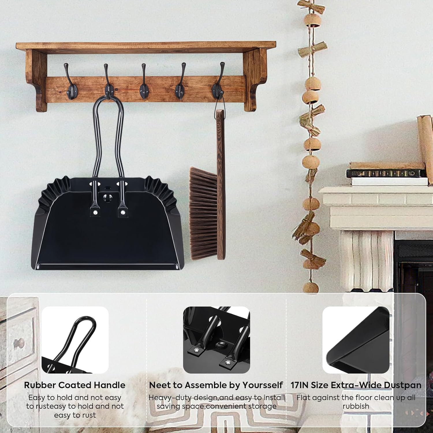 17In Extra Large Dust pan and Brush Set,Commercial Heavy-Duty Dust Pans and Wood Broom,Clip on Dust Pan Metal Edge Flat Against Floor for Patio/Pet/Car/Outdoor-Rubber Coated Easy to Grasp Handle