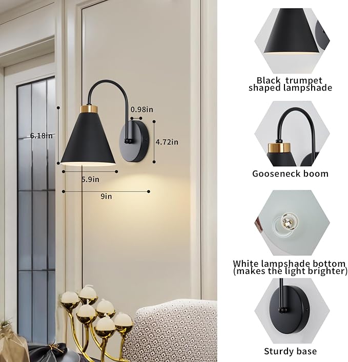 Vintage Cordless Gooseneck Battery Operated Wall Sconces Set of 2, Black Bedside Battery Powered Wall Decor Lamps with Remote Control, Wireless Indoor LED Lights Fixture for Bedroom Hallway