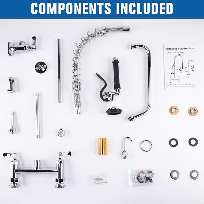 27" Height Commercial Sink Faucet Deck Mount with Pre-Rinse Sprayer, Commercial Kitchen Faucet with 10" Add-on Swing Spout Faucet & Spring Pull Down Sprayer, 8" Adjustable Center Kitchen Faucet