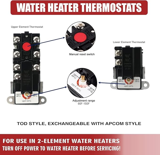 EWH-00C Electric Water Heater Thermostats, Include Upper and Lower Element Thermosatat, Terminal Protective Covers, Therm-O-Disc(TOD) style, Interchangeable with APCOM Style, Water Heater Repair Parts