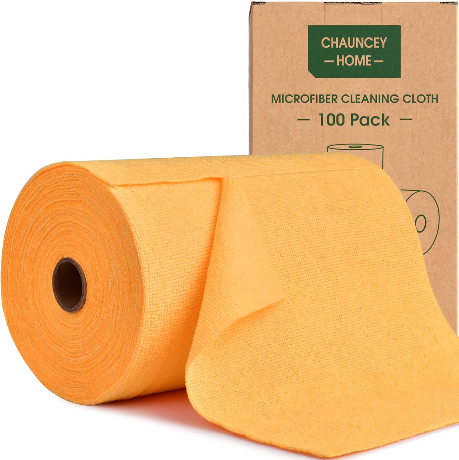Roll of Microfiber Cleaning Cloth –100 Pack, Tear Away Microfiber Towels, Reusable, Washable, Scratch-Free, Cleaning Supplies, Kitchen Towels for Car, Home, Kitchen (Tangerine Yellow)