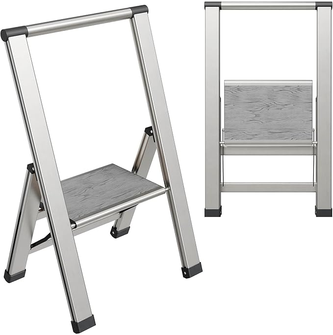 Step Ladder 1 Step Folding, Decorative - Beautiful Gray Wood & Silver Aluminum, Ultra Slim Profile, Anti Slip Steps, Sturdy-Portable for Home, Office, Kitchen, Photography Use,by SORFEY