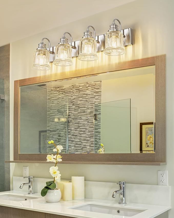 Brushed Nickel Bathroom Light, HWH 4-Light Vanity Lights for Bathroom Vanity Sconce Over Mirror, Wall Mounted Light Fixtures with Bell-Shaped Striped Glass, 5HZG106B-4W BN