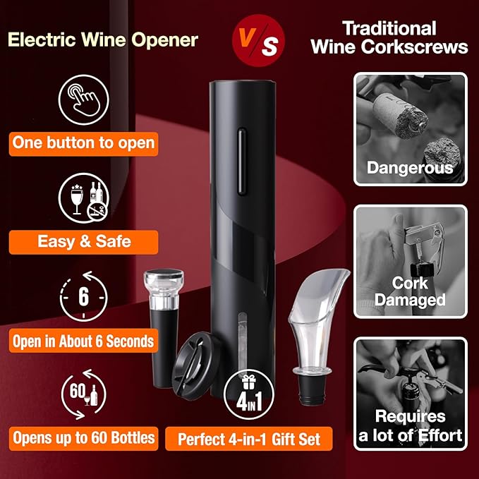 Electric Wine Opener 4-in-1 Gift Set, Vacuum Wine Stopper, Wine Pourer, Foil Cutter, Corkscrew, Battery Operated, Wine Cap, Wine Aerator, Easy Wine Cork Removal to Storage(SGS)