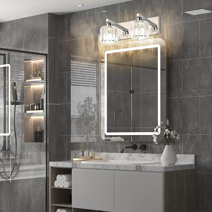 Aipsun Bathroom Vanity Lighting Fixtures Crystal Vanity Lights for Bathroom 2 Lights Stainless Steel Wall Lighting Fixtures(Exclude Bulb)