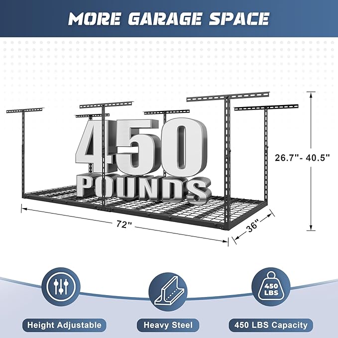 3X6FT Overhead Garage Storage Rack, 22"-48" Height Adjustable Garage Ceiling Storage Racks, Heavy Duty Metal Overhead Storage Organizer System, 450LBS Weight Capacity