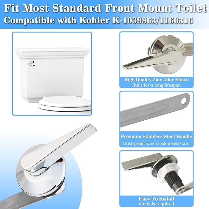 Universal Front Mount Toilet Handle Replacement Compatible with Kohler 1039863-CP/1160316-CP Memoirs Stately Toilet Tank Flush Lever Trip Lever, Polish Chrome