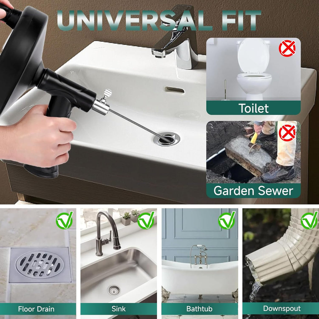 Drain Snake Auger 33 Feet，Spiral Drill Drain Cleaner for Toilet, Sink, Shower & Bathtub，Hair & Blockage Removal Tool ，Reusable Eco-Friendly Kit with Gloves & Safety Glasses