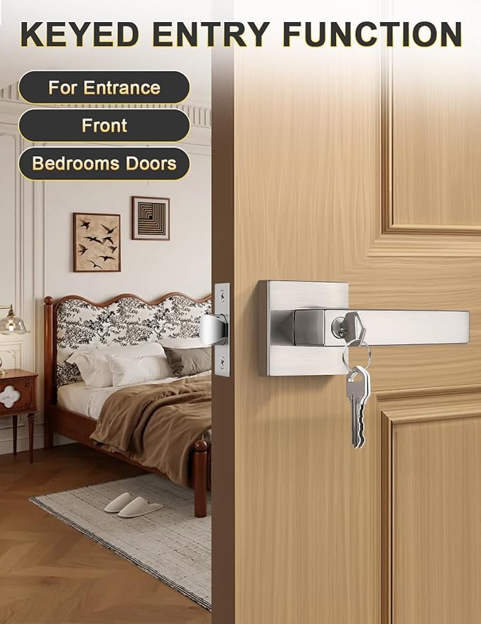 3 Pack Entry Door Levers with Lock and Key, Brushed Nickel Keyed Alike Lockset Combo Pack, Entrance Door Handles for Office and Front Door, Door Knobs Lockset (Each with 3 Keys)