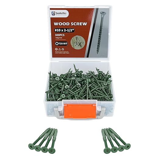 Wood Screws 2-1/2 inch, 300pcs Countersunk Self Tapping Screws #10 x 2-1/2", Carbon Steel, Against Rust and Corrosion Screw, Green Coated Exterior Wood/Deck Screws, Star Drive with Bit