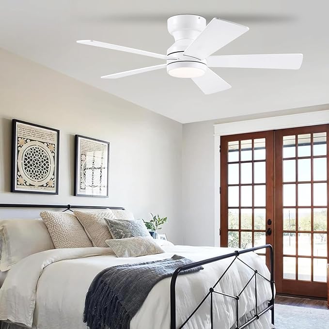 46" Flush Mount Ceiling Fan with Lights - White Modern Fan Light with Reversible Mute Motor, 3CCT Dimmable, Wind Speeds Adjustable, Low Profile Light Fixure for Indoor Use, Bedroom