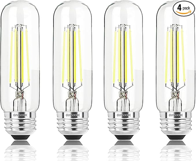 5 Inch Edison Bulb, 5000K Daylight White E26 Led Bulb 6W Dimmable, 800LM T10 T9 Clear Glass Tubular Light Bulbs, AC 120V Equal 80 Watt Bulbs for Chandelier Pendant Wall Light - 4Pack