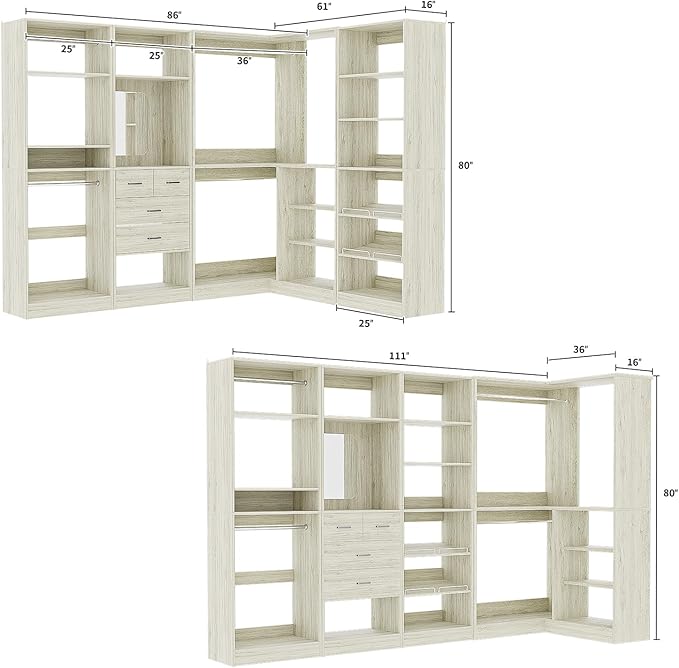 Unikito 110” Closet System with Drawers, 9.3FT Corner Closet Organizer with 4 Hanging Rod, Reversible Large Wood L Shaped Walk in Closets Wardrobe with Shoe Shelves, Set of 4, White Oak