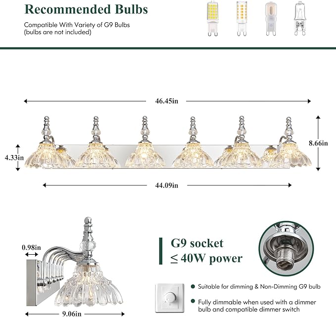 Vintage Bathroom Vanity Light, 6-Light Chrome Vanity Lighting Fixture with Flower Glass Shade, Bathroom Lighting Fixtures Over Mirror