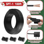 SPT-1 Wire Black 100FT 2 Conductor Flexible Low Voltage Landscape Cord 18AWG, Includes 6pcs Vampire Plugs for Wire Extension of Low Voltage Equipment Inside and Outside The Home Holiday Light Strings