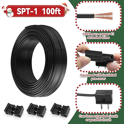 SPT-1 Wire Black 100FT 2 Conductor Flexible Low Voltage Landscape Cord 18AWG, Includes 6pcs Vampire Plugs for Wire Extension of Low Voltage Equipment Inside and Outside The Home Holiday Light Strings