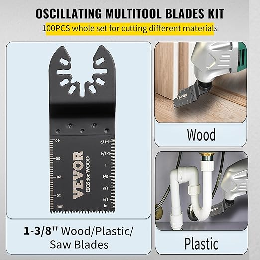 VEVOR 100PCS Oscillating Saw Blades, Quick Release Multitool Blades Kit, HCS Tool Blades for Wood Plastic, Compatible with Dewalt Dremel Fein Worx Bosch Makita Milwaukee