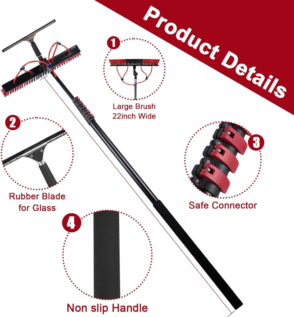30FT Solar Panel Cleaning Brush & Squeegee Kit, Proffesional Window Washing Tool, 22in Wide Brush & 2 Dusting Brush, Water Fed Pole, Extendable Telescopic Pole for Roof Mounted Solar Panels