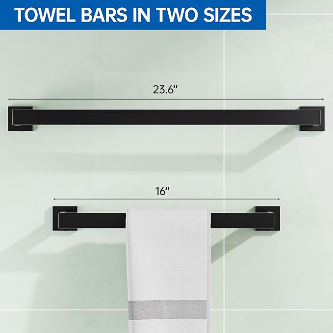 5-Pieces Bathroom Hardware Set, SUS304 Stainless Steel Wall Mounted 23.6 Inch Towel Bar, Toilet Paper Holder, Towel Hooks, Bathroom Towel Bar Set (Matte Black (Type 2), 5 Piece-23.6 inch)
