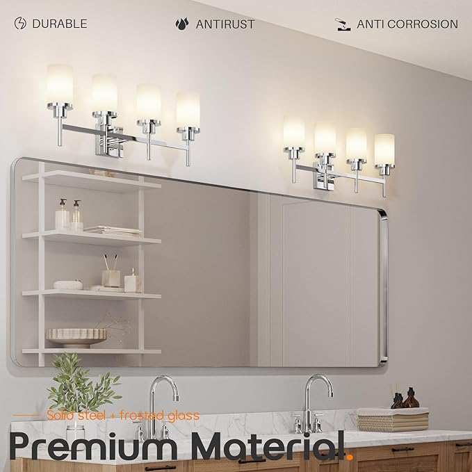 4-Light Vanity Lighting Fixtures with White Frosted Glass Shade, Polished Chrome Bathroom Wall Lamps Over Mirror for Bath Restroom Kitchen T001CH-L4