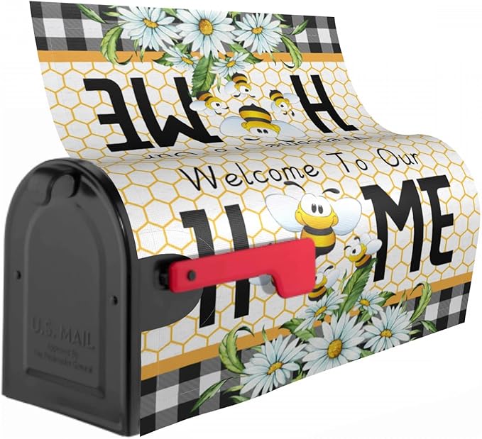Summer Bee Buffalo Plaid Mailbox Cover Spring Daisy Floral Mailbox Cover Magnetic Standard Size 25.5" x 21" Farmhouse Rustic Welcome To Our Home Mail Box Covers Garden Yard Home Decor for Outdoor