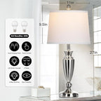 Metal Table Lamps Set of 2, 3 Way Touch Control Silver Bedside Lamps with USB A+C Ports, Modern Brushed Nickel Nightstand Lamps for Bedroom Living Room