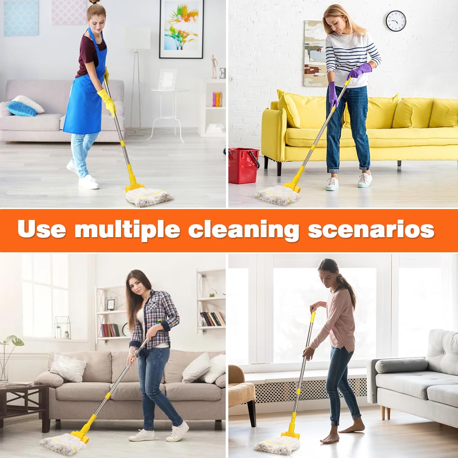 Professional Commercial Heavy Duty Mop,Clip Type Mop with 48" Long Handle,Cotton Wet Industrial Mops for Floor Cleaning,Home,Kitchen,Office,Garage and Concrete Tile Floor