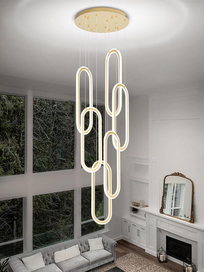 Flashing God Modern Chandelier,Gold Chandeliers 6 Ring Led Foyer Chandeliers,Larger High Ceiling Chandelier for Living Room,Rectangle Chandelier for Entryway Staircase