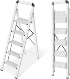 KINGRACK Aluminium 5 Step Ladder, Lightweight Step Stool with Non-Skid Pedals, Handrail, Foldable Step Ladder for Kitchen, Garage, Home, Space Saving, Sturdy and Portable, Silver