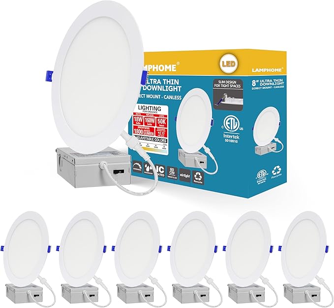 LAMPHOME 6-Pack of 8-Inch Slim LED Recessed Lights with Junction Box, Adjustable Color Temperatures (2700K-5000K), 18W Equivalent to 125W, Dimmable, 1600LM Brightness - ETL and Energy Star Certified