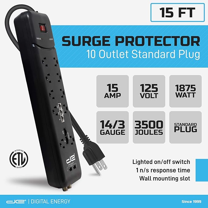 Digital Energy 10-Outlet Straight Plug 4050 Joules Heavy Duty Surge Protector Power Strip, 25 Foot Long Extension Cord, 15 AMP, 15 FT, Black