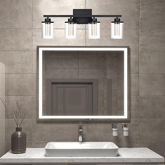 4-Light Bathroom Light Fixtures Over Mirror,Black Led Vanity Lighting Fixtures with 5CCT Dimmable LEDs,Clear Glass Shades &Wall Sconces Lighting Design for Bedroom,Livingroom